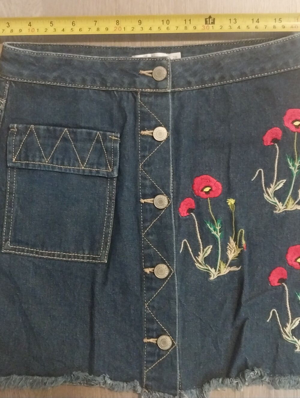 Denim Mini Skirt with Red Floral Embroidery